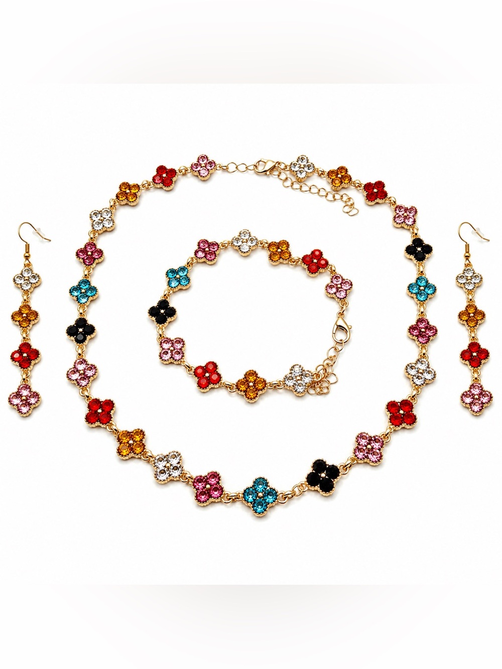 Multicolor Crystal Flower Necklace, Bracelet & Earring Set - Gold Tone